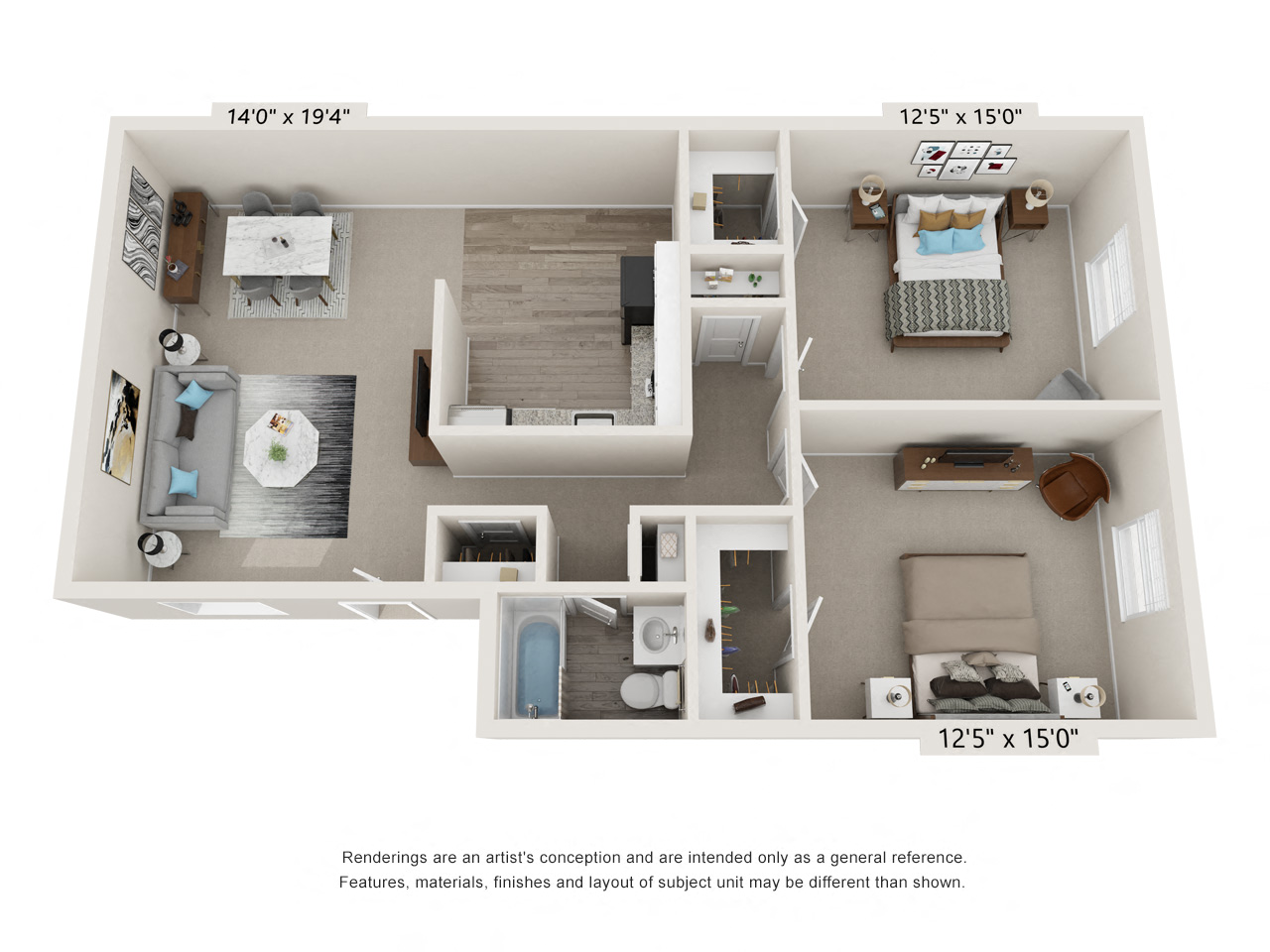 Floor plan for 2 beds, 1 bath, 1030 sqft